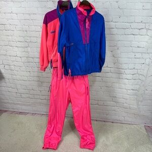 Vintage 80s Neon jogging Suit Set Pink Blue Colorblock Windbreaker Jacket Pants